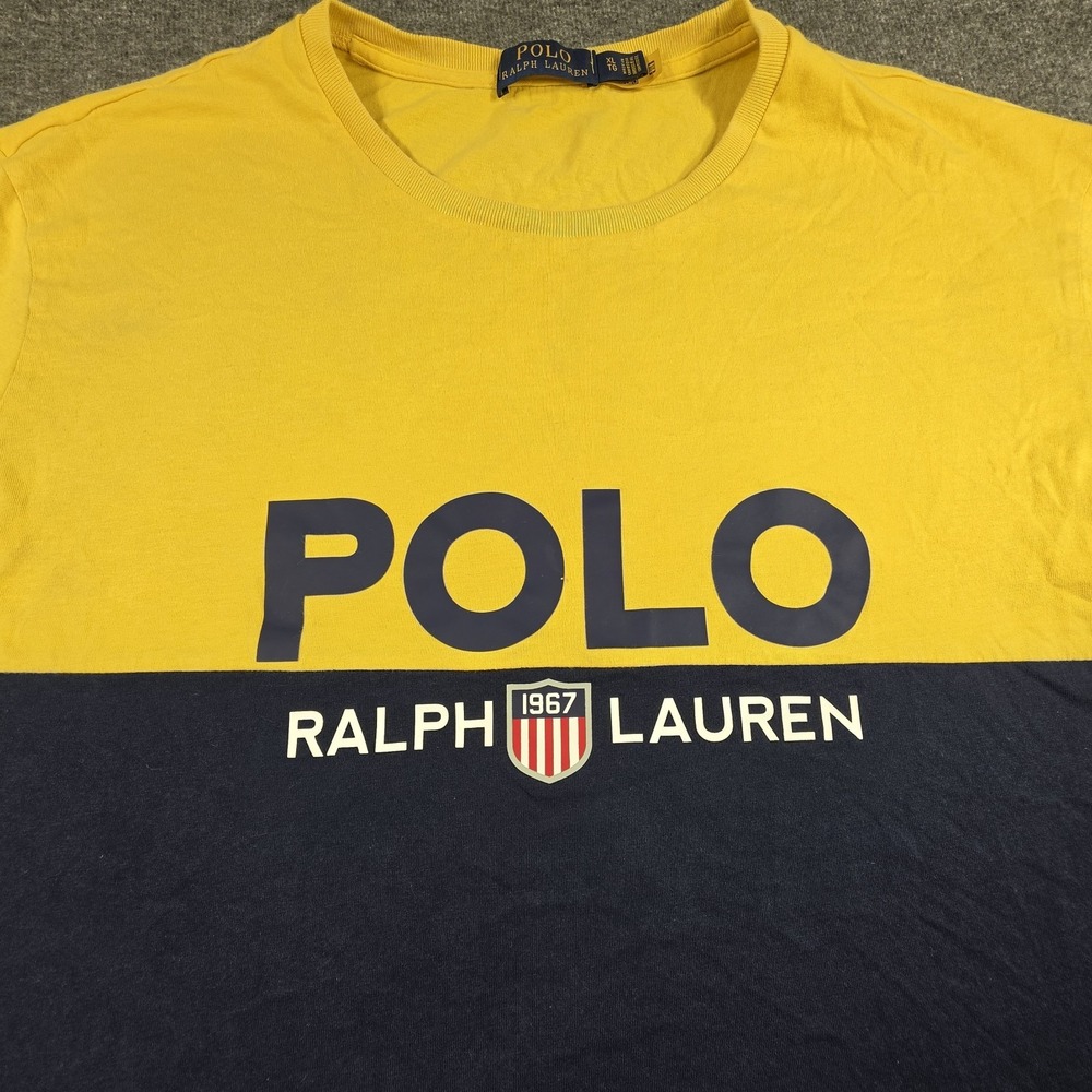 Polo Ralph Lauren Shirt Mens XL Yellow Blue Colorblock 1967 Shield Graphic Tee